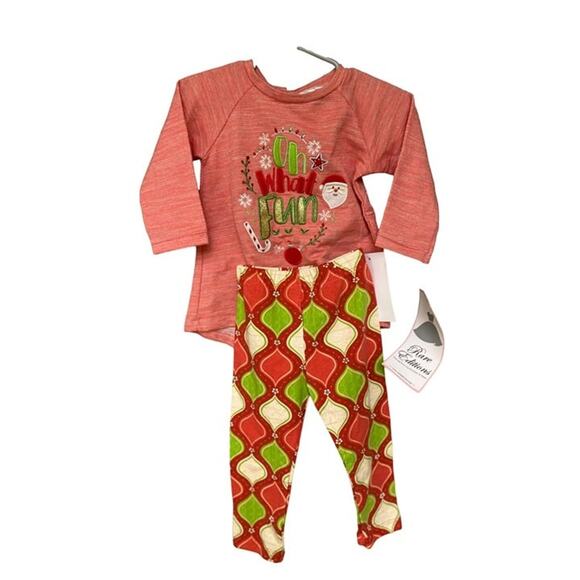 Rare Editions 2 Piece Set - Oh What Fun - Size 18M - Coral Top & Red/Green Pants - Picture 1 of 5